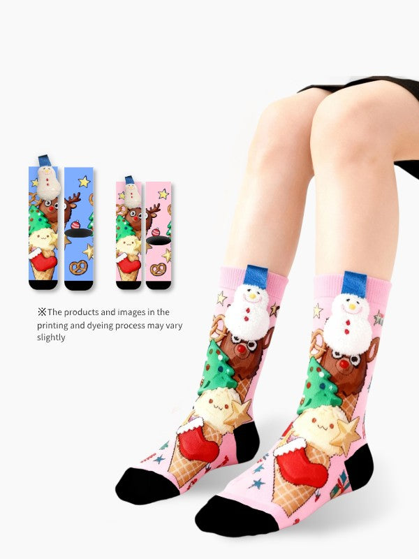 Christmas Ice Cream Cone Parent-Child Socks 3D Snowman & Reindeer Mommy & Kid Set