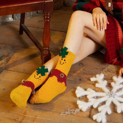 Sweetnana 2-Pack Christmas Tube Crew Socks for Women & Kids, Cozy Thickened Fuzzy Non-Slip Slipper Socks with Christmas Gift Bag, Perfect for Winter Warmth and Gifting