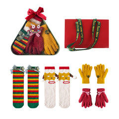 Sweetnana Christmas Socks Gift Box with 2 Pairs of Tube Crew Socks and 2 Pairs of Gloves, Cozy Winter Stockings for Women and Kids, Perfect Christmas Gift Idea