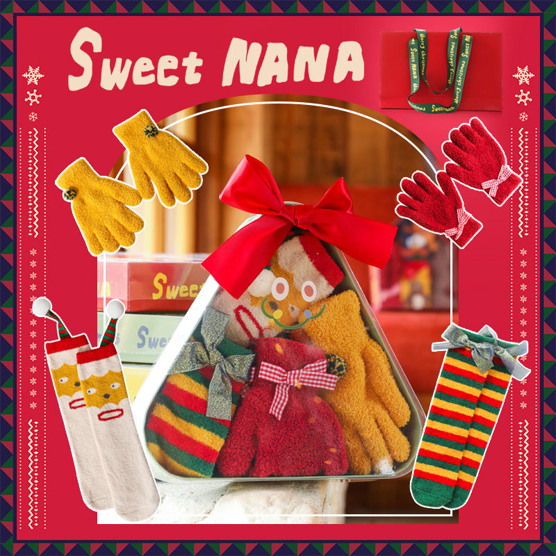 Sweetnana 聖誕襪禮盒，內含2雙中筒襪和2雙手套，溫暖舒適的冬季襪子，適合女性和兒童，完美的聖誕禮物選擇
