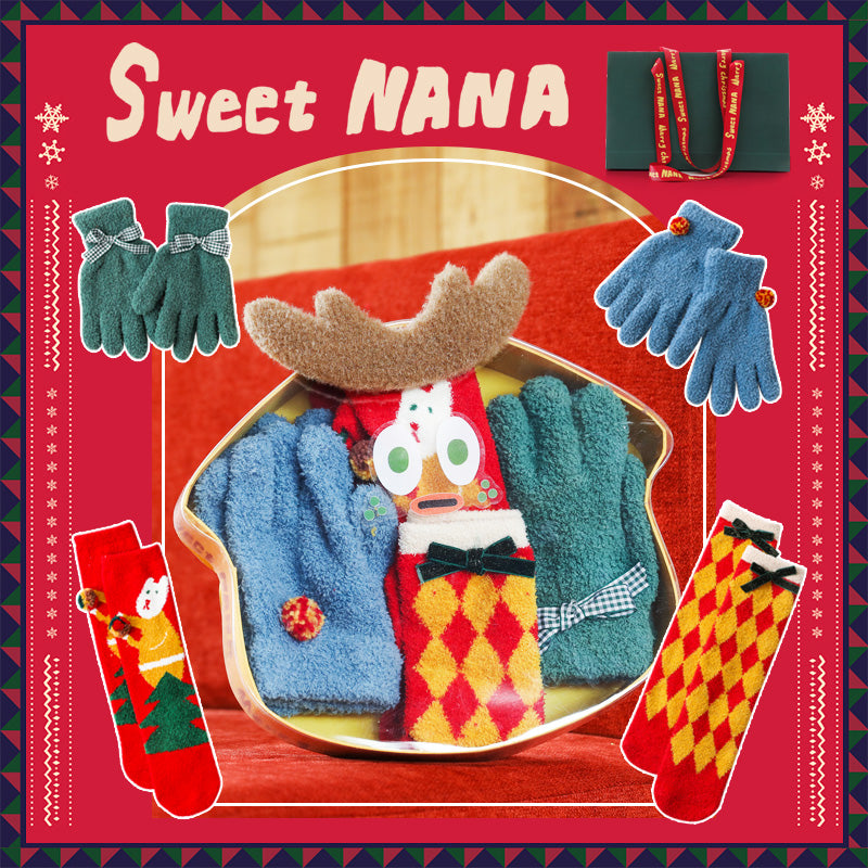 Sweetnana 聖誕鹿禮品盒套裝，包括 2 雙圓筒襪和 2 雙手套，作為假日禮物，完美適合女性和兒童