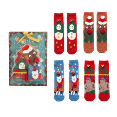 Sweetnana 4パック クリスマス チューブ クルー ソックス 女性 & 子供用、フェスティブなクリスマス ギフト ボックスに入った、暖かい冬にぴったりの厚手のふわふわソックス