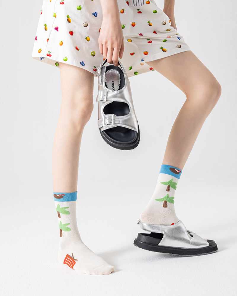 Women's Cotton Crew Socks Coconut Tree Series Cute Fashionable Kawaii