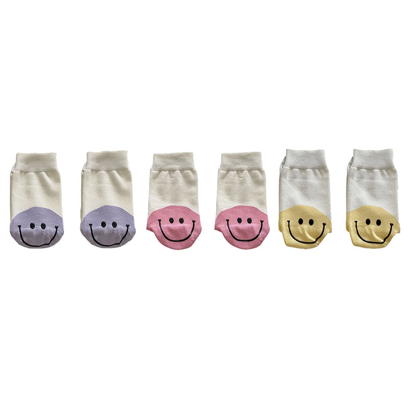 3-Pack Women's Cotton Crew Socks Smiley Face Contrast Color