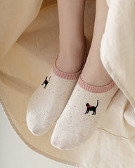 Sweetnana 5パック レディース キュートなノーショーソックス カートゥーン刺繍 シームレス ローカットソックス 滑り止めライナー 薄手 カジュアルソックス 春夏用