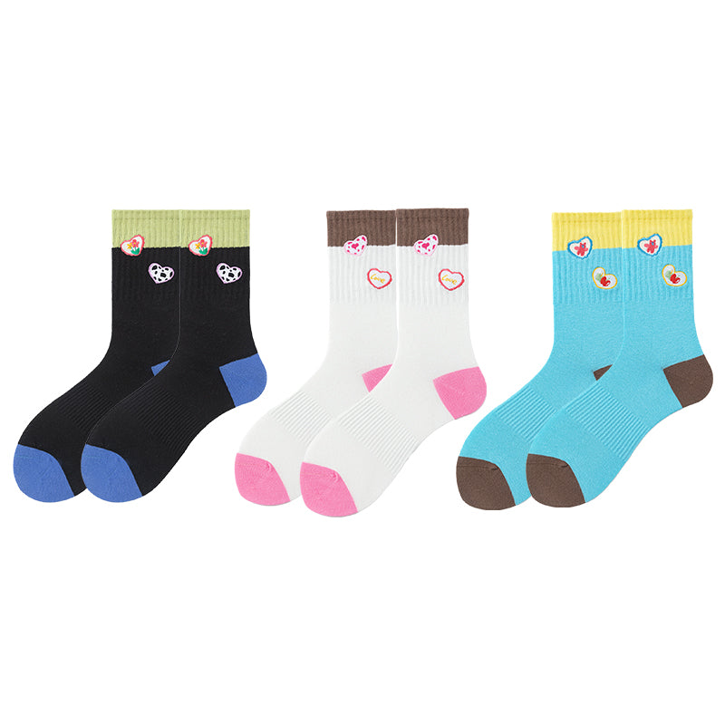 Sweetnana Cute Love Embroidery Series - 3 Pairs of Trendy, Cozy, and Colorful Seamless Crew Socks for Women