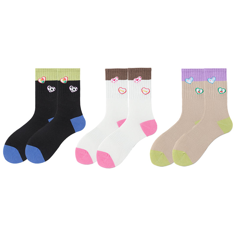 Sweetnana Cute Love Embroidery Series - 3 Pairs of Trendy, Cozy, and Colorful Seamless Crew Socks for Women
