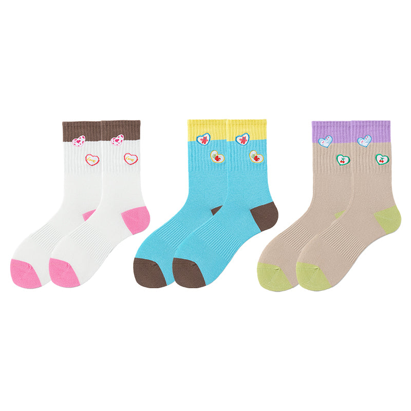 Sweetnana Cute Love Embroidery Series - 3 Pairs of Trendy, Cozy, and Colorful Seamless Crew Socks for Women