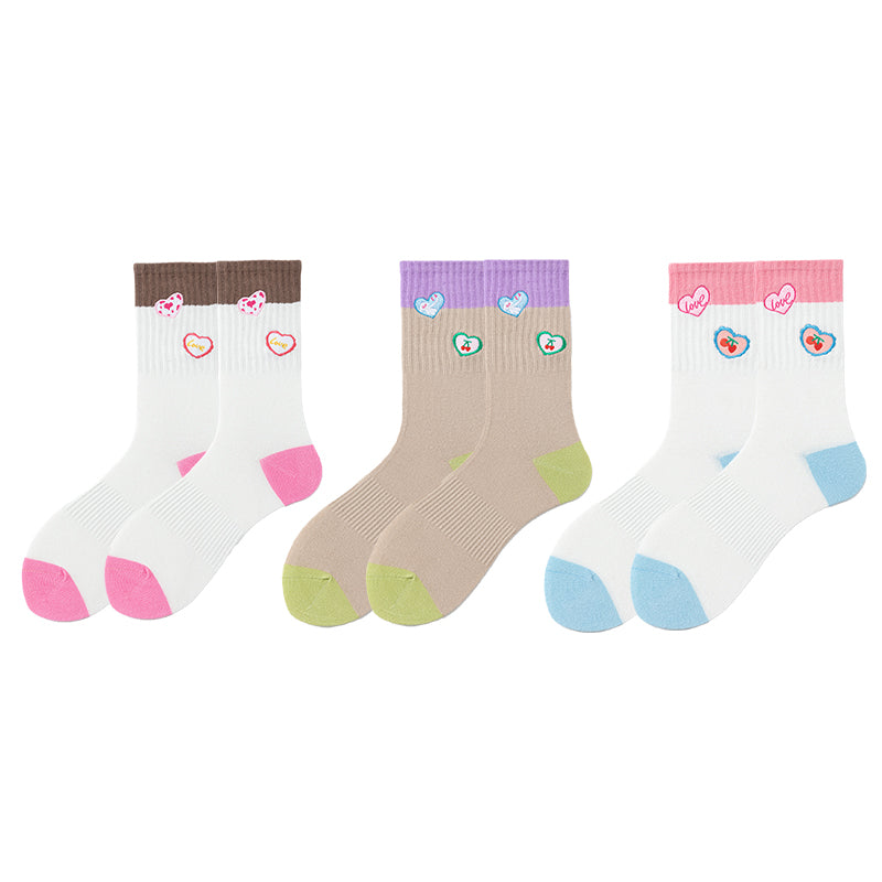 Sweetnana Cute Love Embroidery Series - 3 Pairs of Trendy, Cozy, and Colorful Seamless Crew Socks for Women