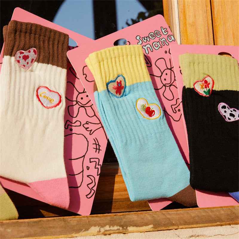 Sweetnana Cute Love Embroidery Series - 3 Pairs of Trendy, Cozy, and Colorful Seamless Crew Socks for Women