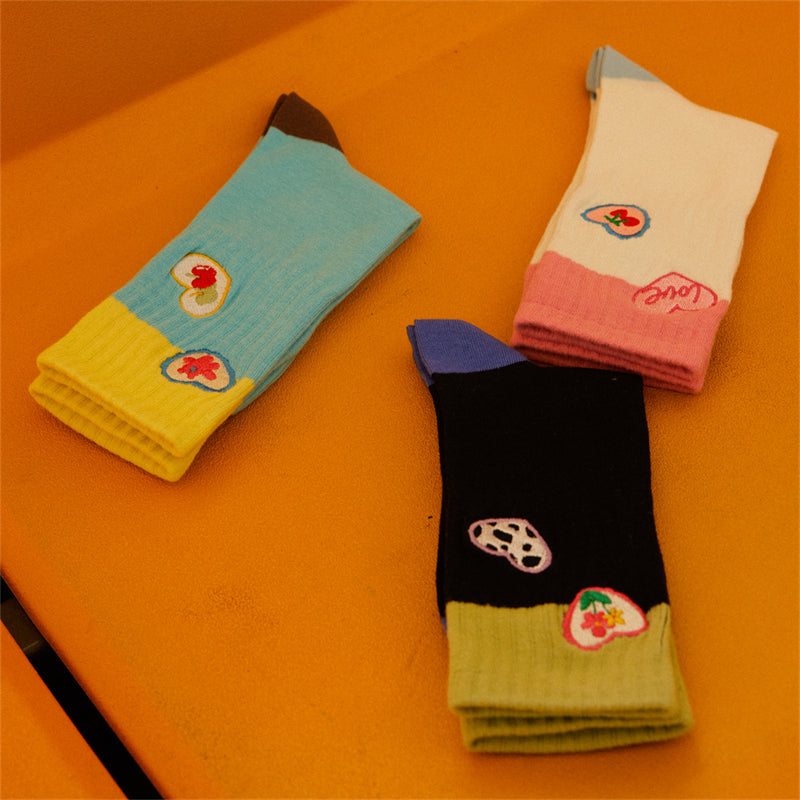 Sweetnana Cute Love Embroidery Series - 3 Pairs of Trendy, Cozy, and Colorful Seamless Crew Socks for Women