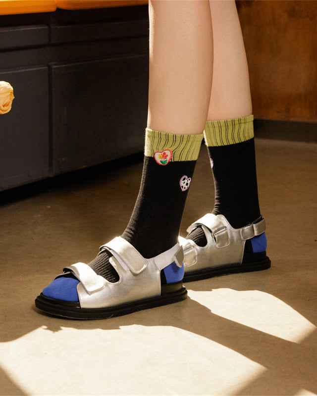 Sweetnana Cute Love Embroidery Series - 3 Pairs of Trendy, Cozy, and Colorful Seamless Crew Socks for Women