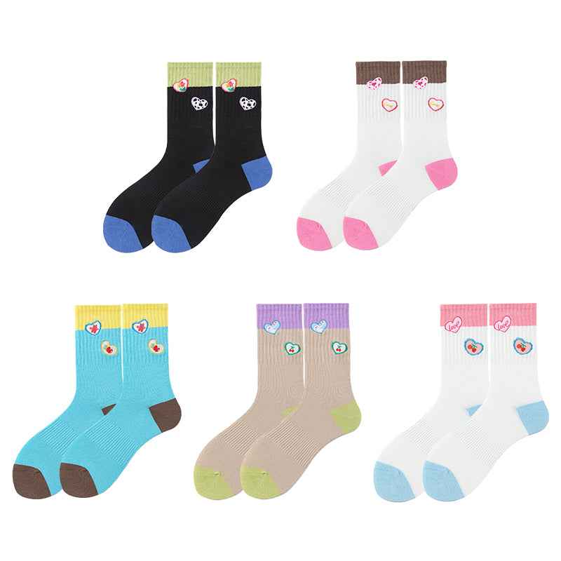 Sweetnana Cute Love Embroidery Series - Colorful Seamless Cotton Crew Socks for Women - Cozy and Stylish.