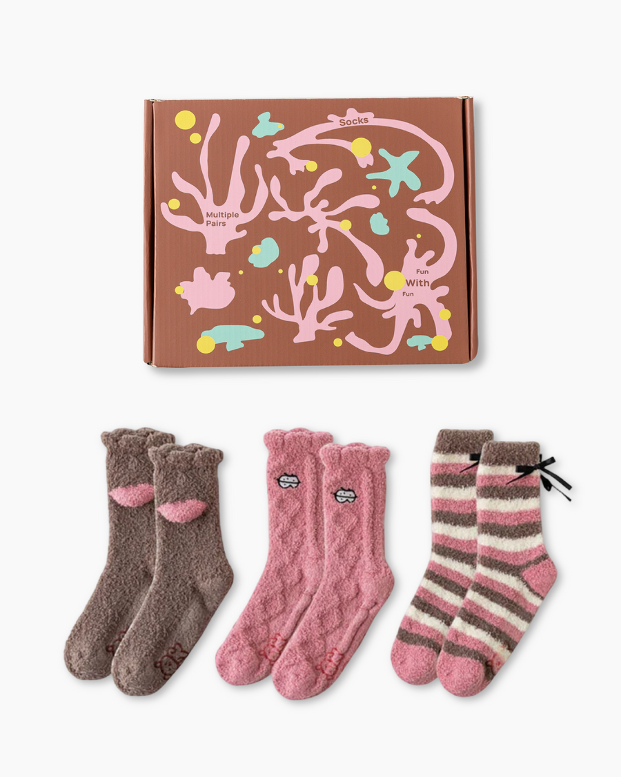 Gift Box Set 3-Pack Women Crew Socks Fuzzy Fluffy Plush Warm - SWEET NANA
