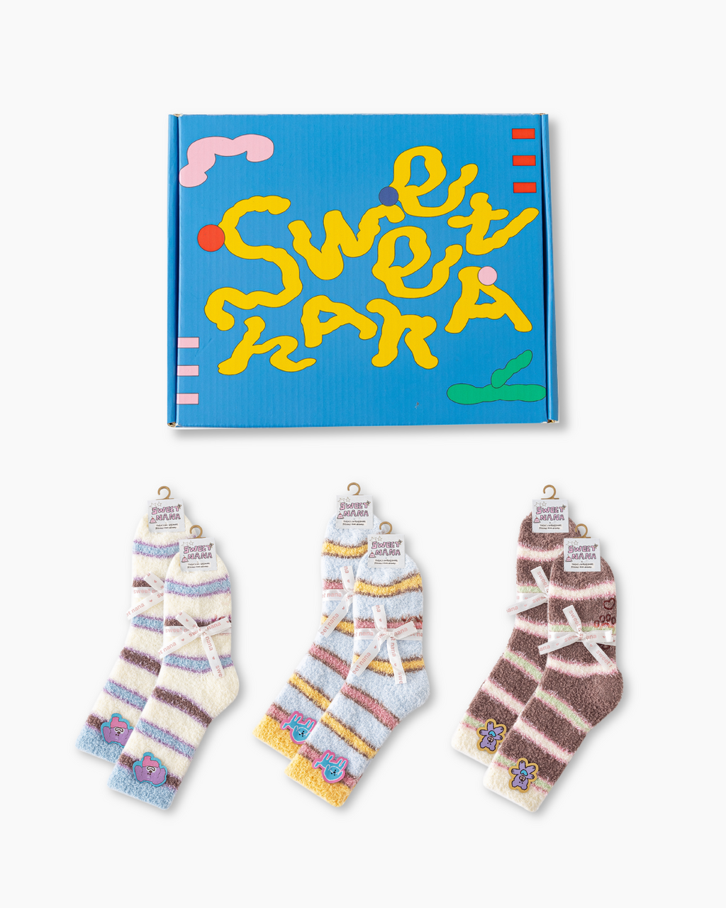 ギフトボックスセット ふわふわのクルーソックス カラフルストライプのキュートなカートゥーン柄 - SWEET NANA