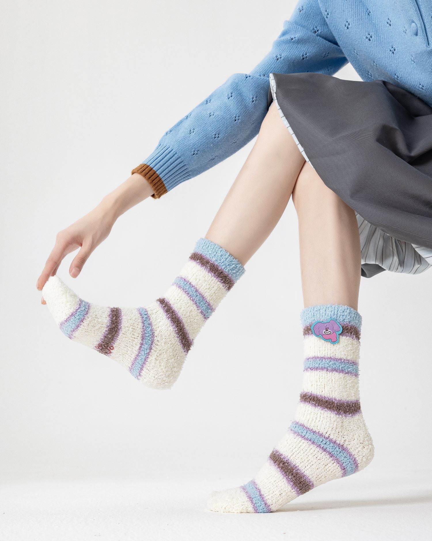 선물 박스 세트 포근한 플러시 크루 양말 컬러풀 스트라이프 귀여운 캐릭터 논슬립