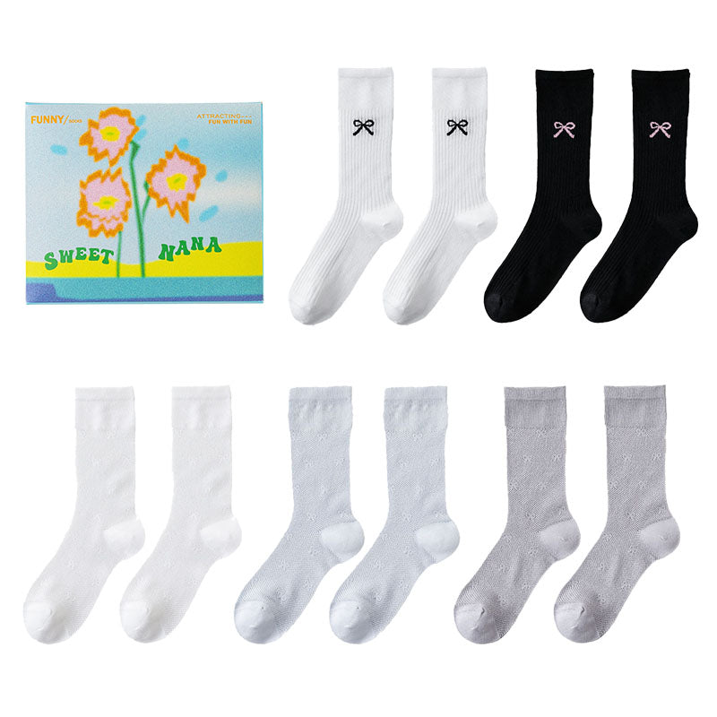 Sweetnana禮盒套裝春夏薄款網眼襪，甜美蝴蝶結設計無縫中筒襪