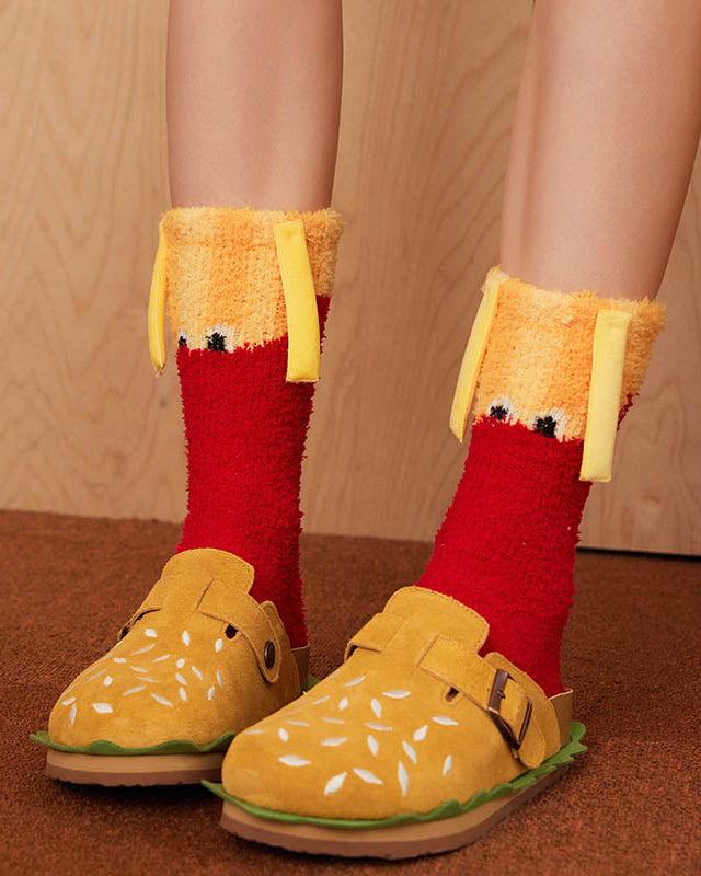Gift Box Set Women Crew Socks Fun Burger Series Fuzzy Thick Warm
