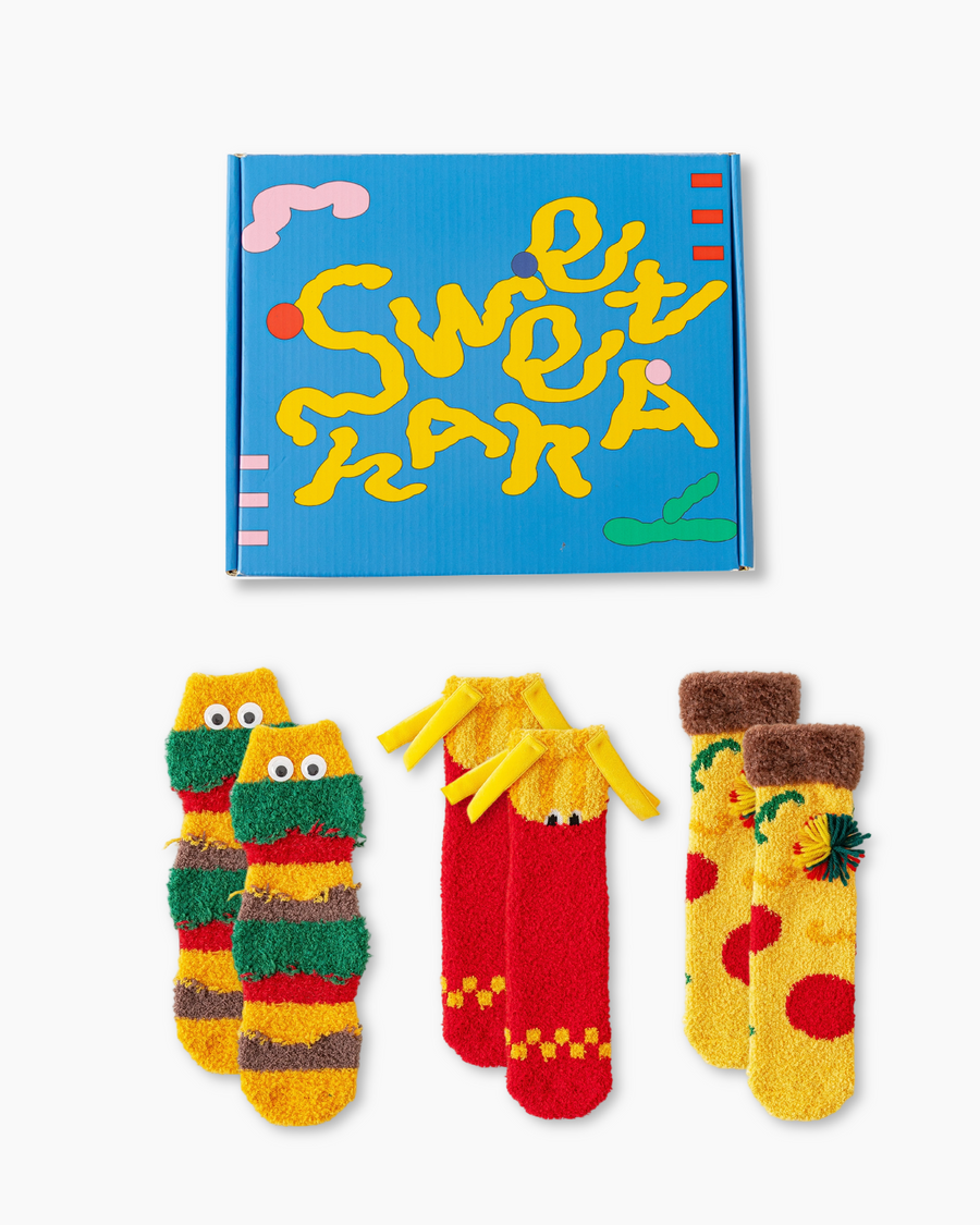 Gift Box Set Women Crew Socks Fun Burger Series Fuzzy Thick Warm - SWEET NANA
