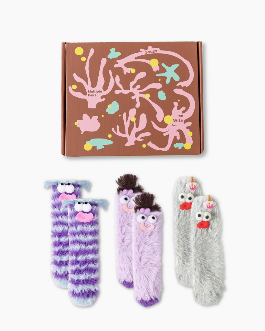 Gift Box Set Crew Socks Fuzzy Warm Soft Funny Quirky Cartoon Monster - SWEET NANA