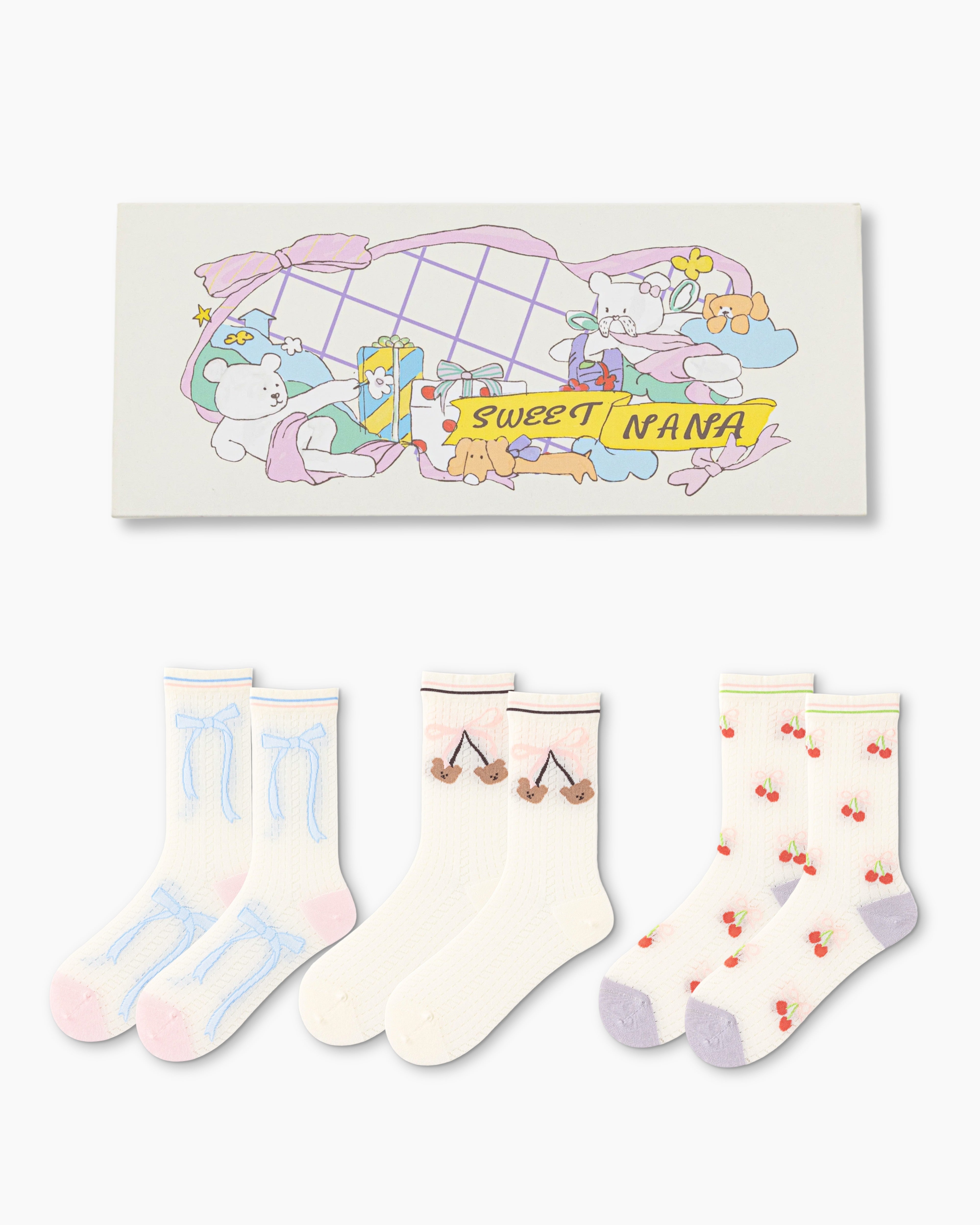 Sweet Bear Gift Box Set Womens Crew Socks Bear Cherry Bow Pattern Sheer Socks - SWEET NANA Main image