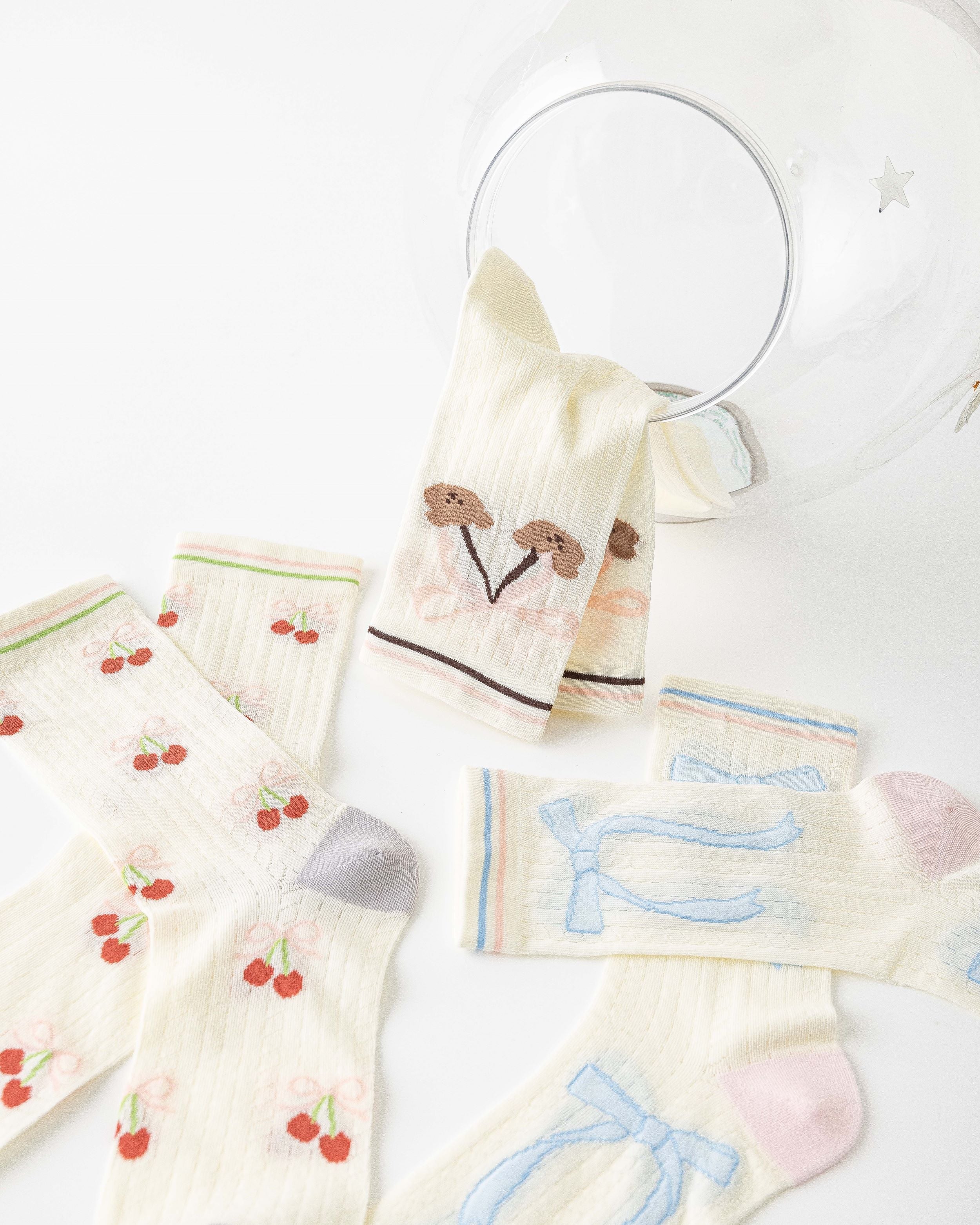 Gift Box Set Womens Crew Socks Bear Cherry Bow Pattern Cute Casual Style