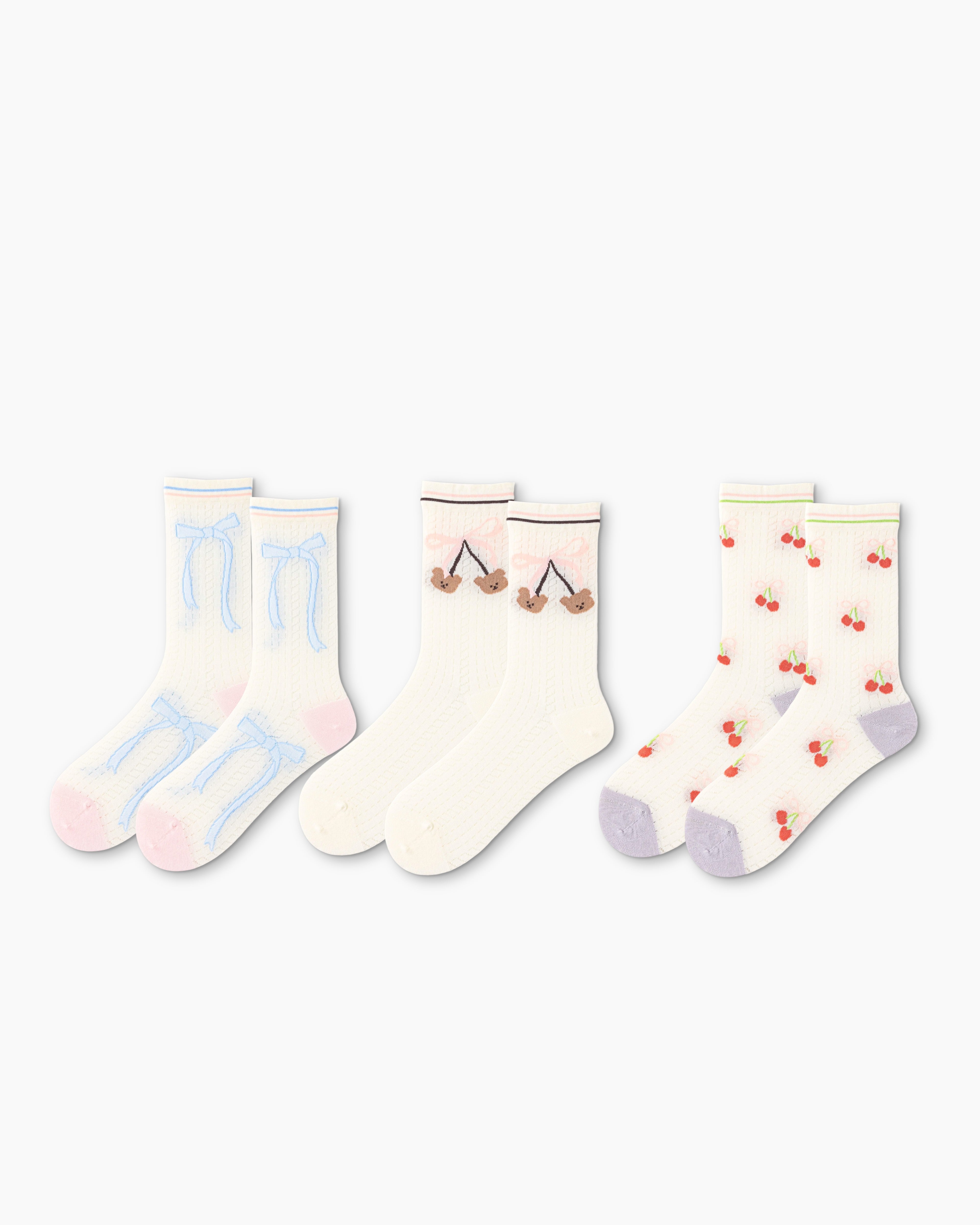 Gift Box Set Womens Crew Socks Bear Cherry Bow Pattern Cute Casual Style