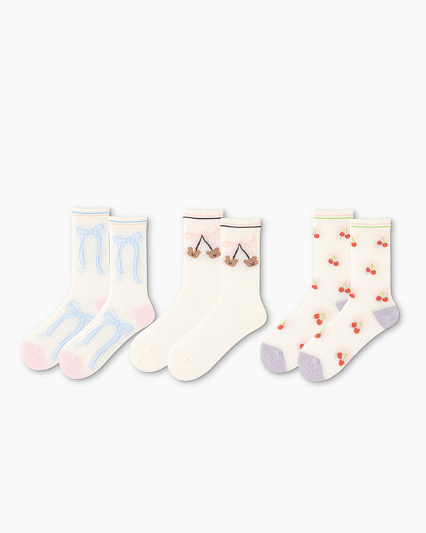 Sweet Bear Gift Box Set Womens Crew Socks Bear Cherry Bow Pattern Sheer Socks - SWEET NANA