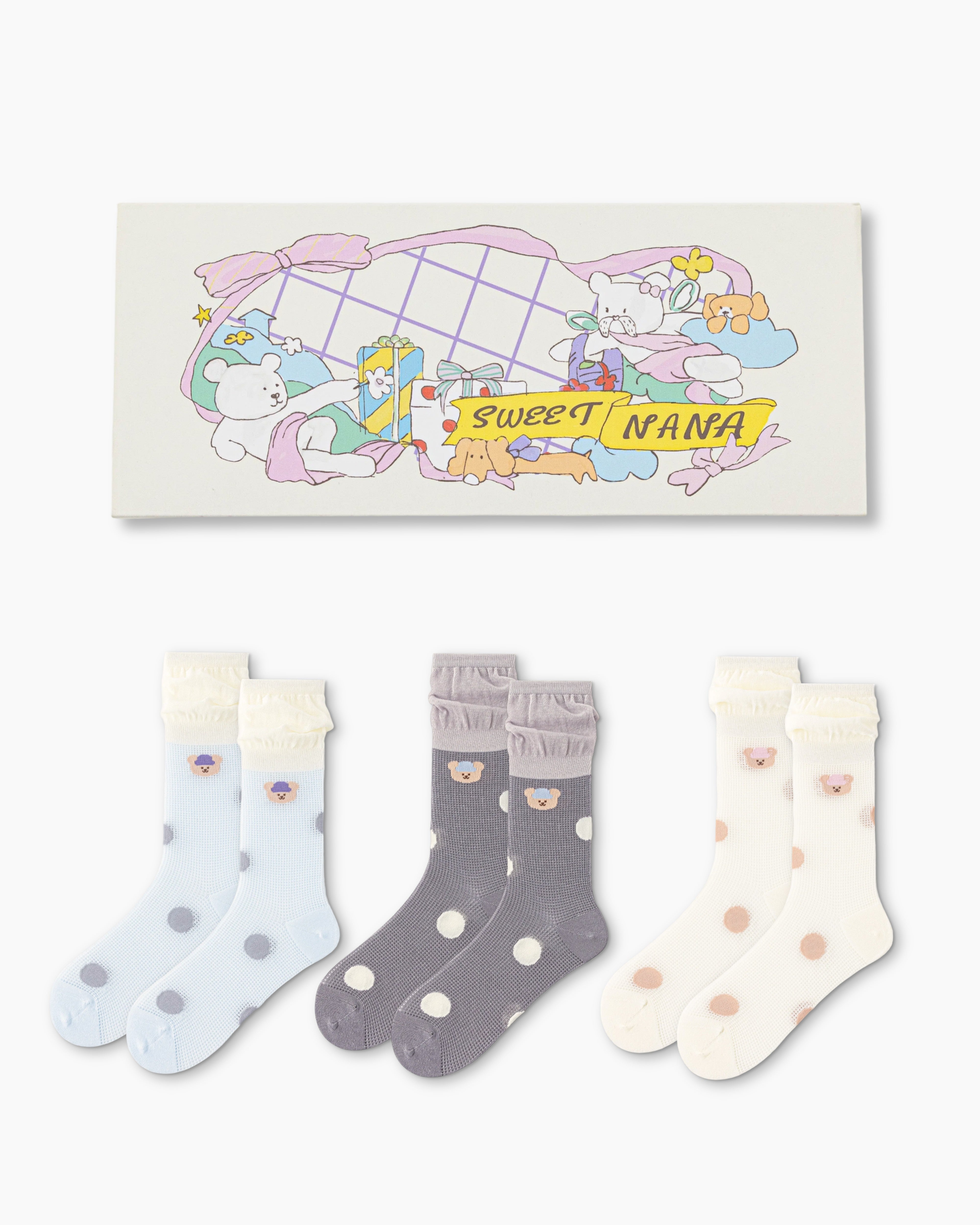 Sweet Bear Gift Box Set Womens Crew Socks Big Polka Bear Stack Mesh Sheer Socks - SWEET NANA Main image
