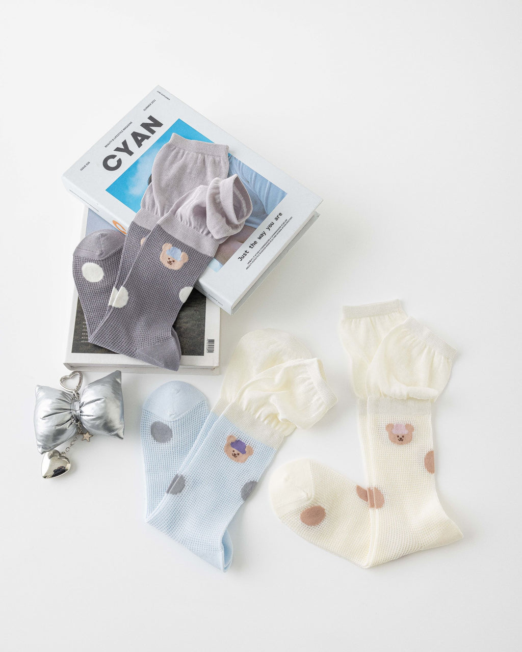 Sweet Bear Gift Box Set Womens Crew Socks Big Polka Bear Stack Mesh Sheer Socks - SWEET NANA