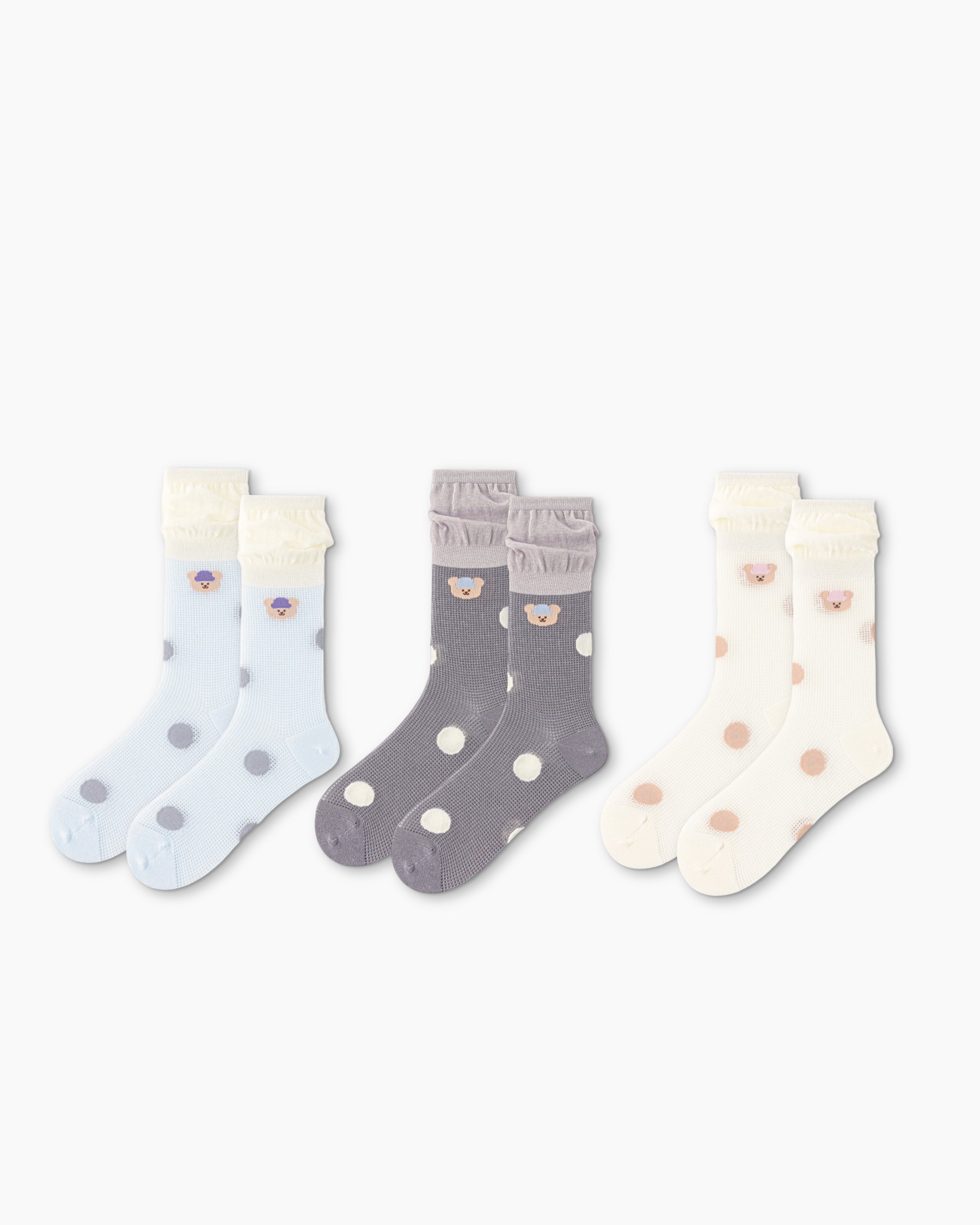 Sweet Bear Gift Box Set Womens Crew Socks Big Polka Bear Stack Mesh Sheer Socks - SWEET NANA