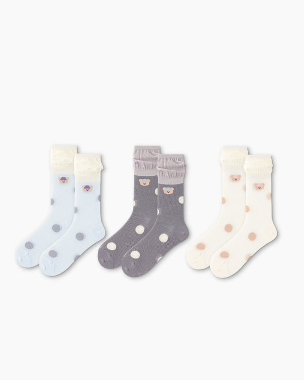 Sweet Bear Gift Box Set Womens Crew Socks Big Polka Bear Stack Mesh Sheer Socks - SWEET NANA