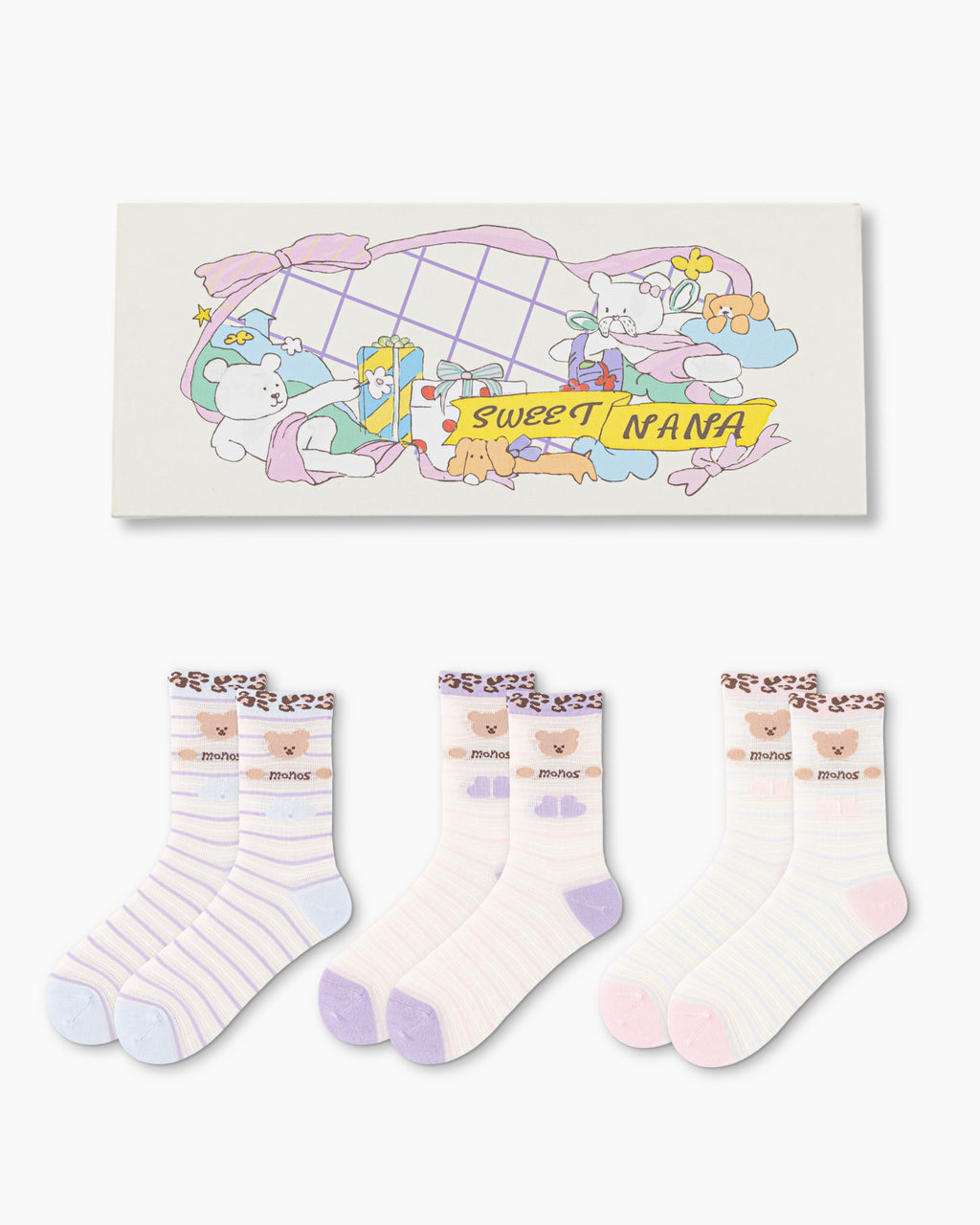 Sweet Bear Gift Box Set Womens Crew Socks Leopard Bear Mesh Cute Sheer Socks - SWEET NANA
