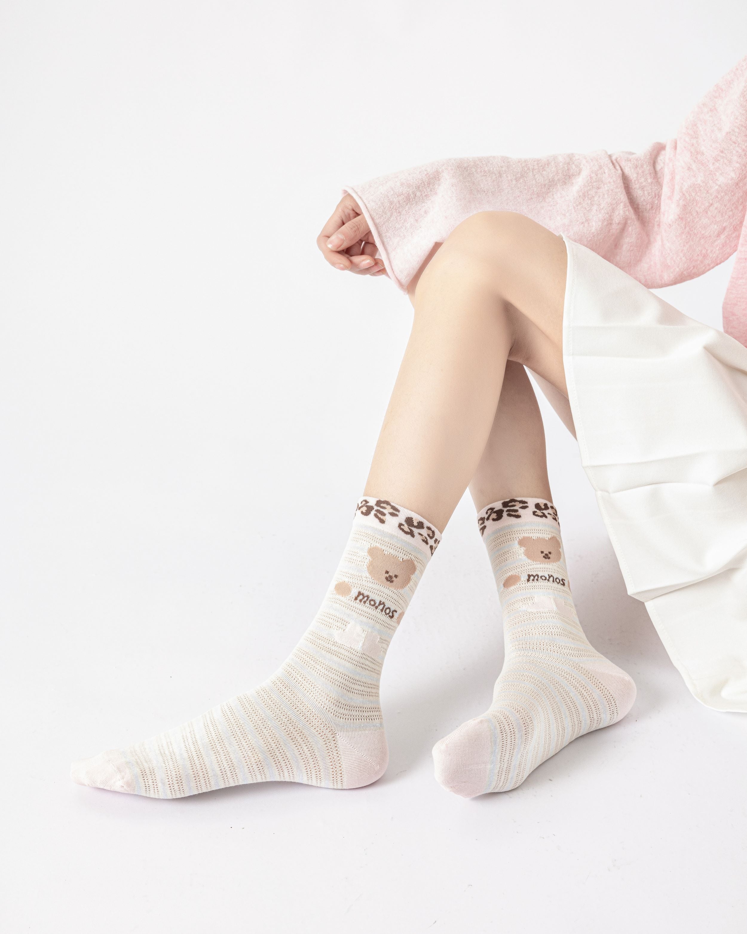 Gift Box Set Womens Crew Socks Leopard Bear Mesh Cute Pattern Socks