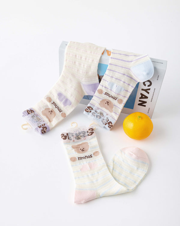 Sweet Bear Gift Box Set Womens Crew Socks Leopard Bear Mesh Cute Sheer Socks - SWEET NANA