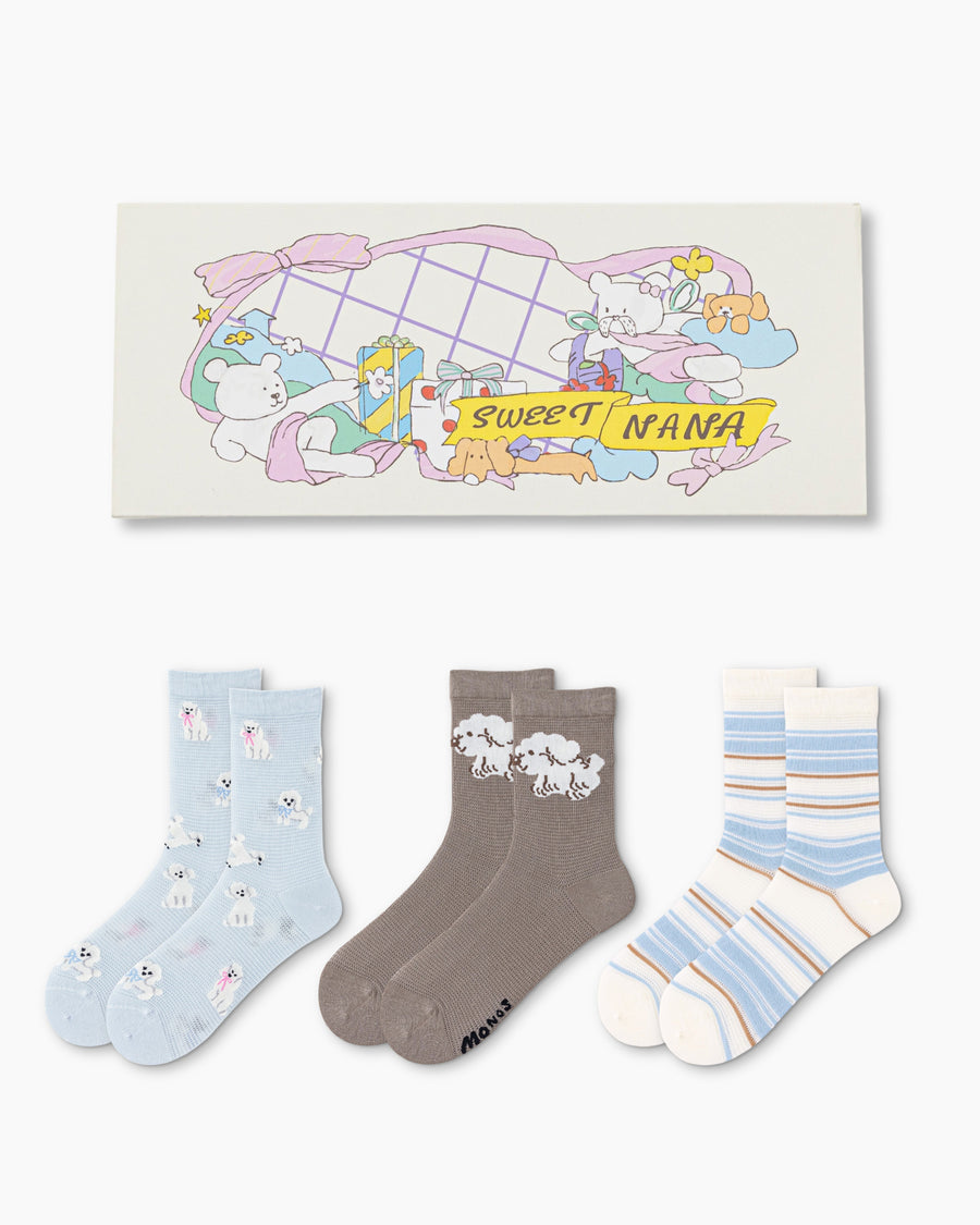 Sweet Bear Gift Box Set Womens Crew Socks Puppy Team Stripe Poodle Sheer Socks - SWEET NANA