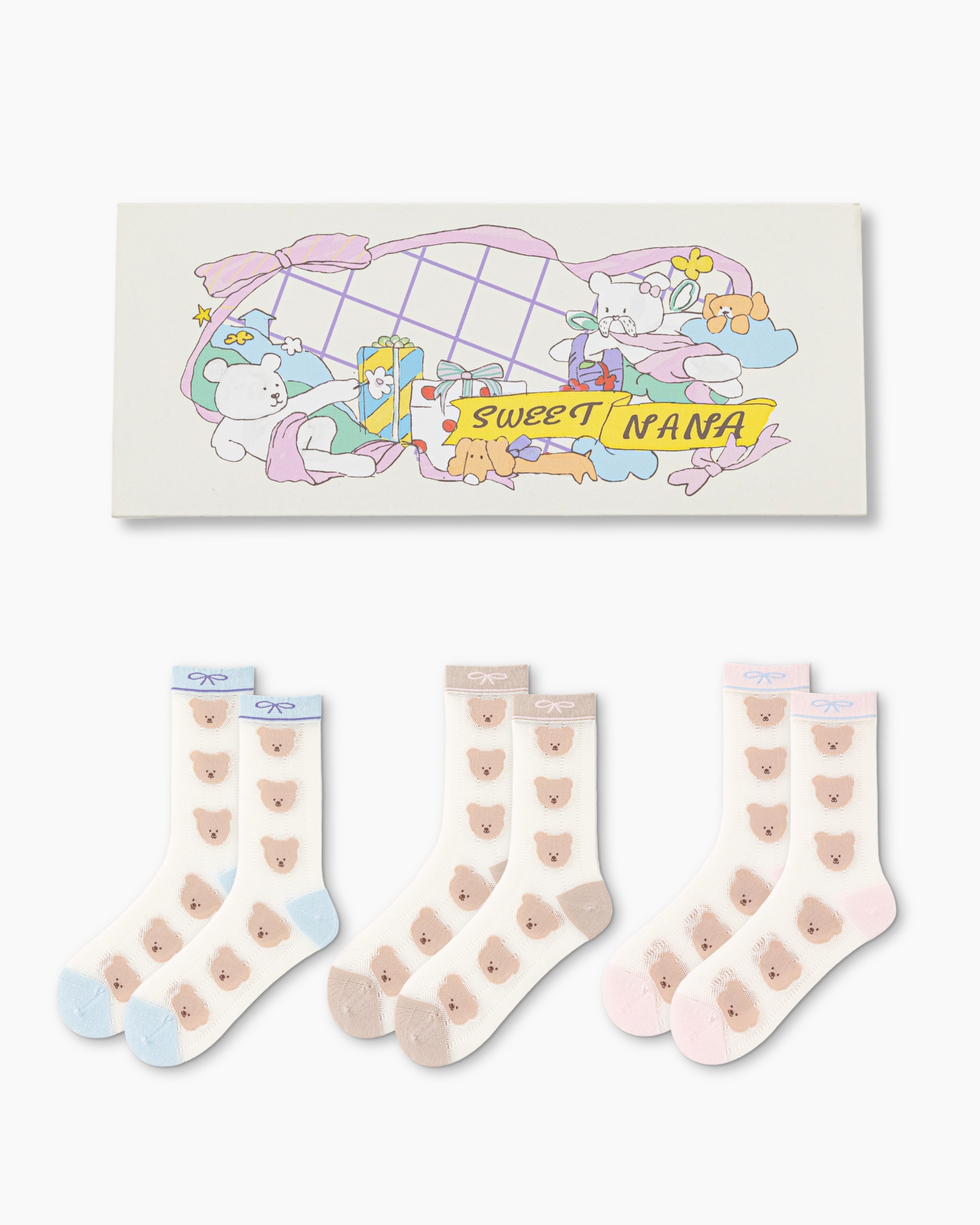 Gift Box Set Womens Crew Socks Row Bear Mesh Bow Pattern Cute Socks