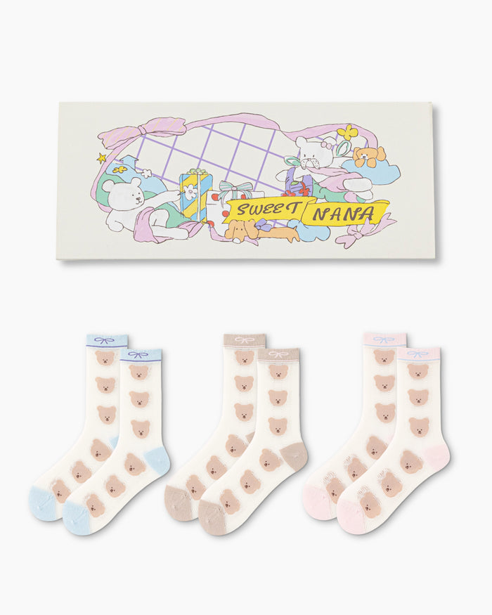 Sweet Bear Gift Box Set Womens Crew Socks Row Bear Mesh Bow Pattern Sheer Socks
