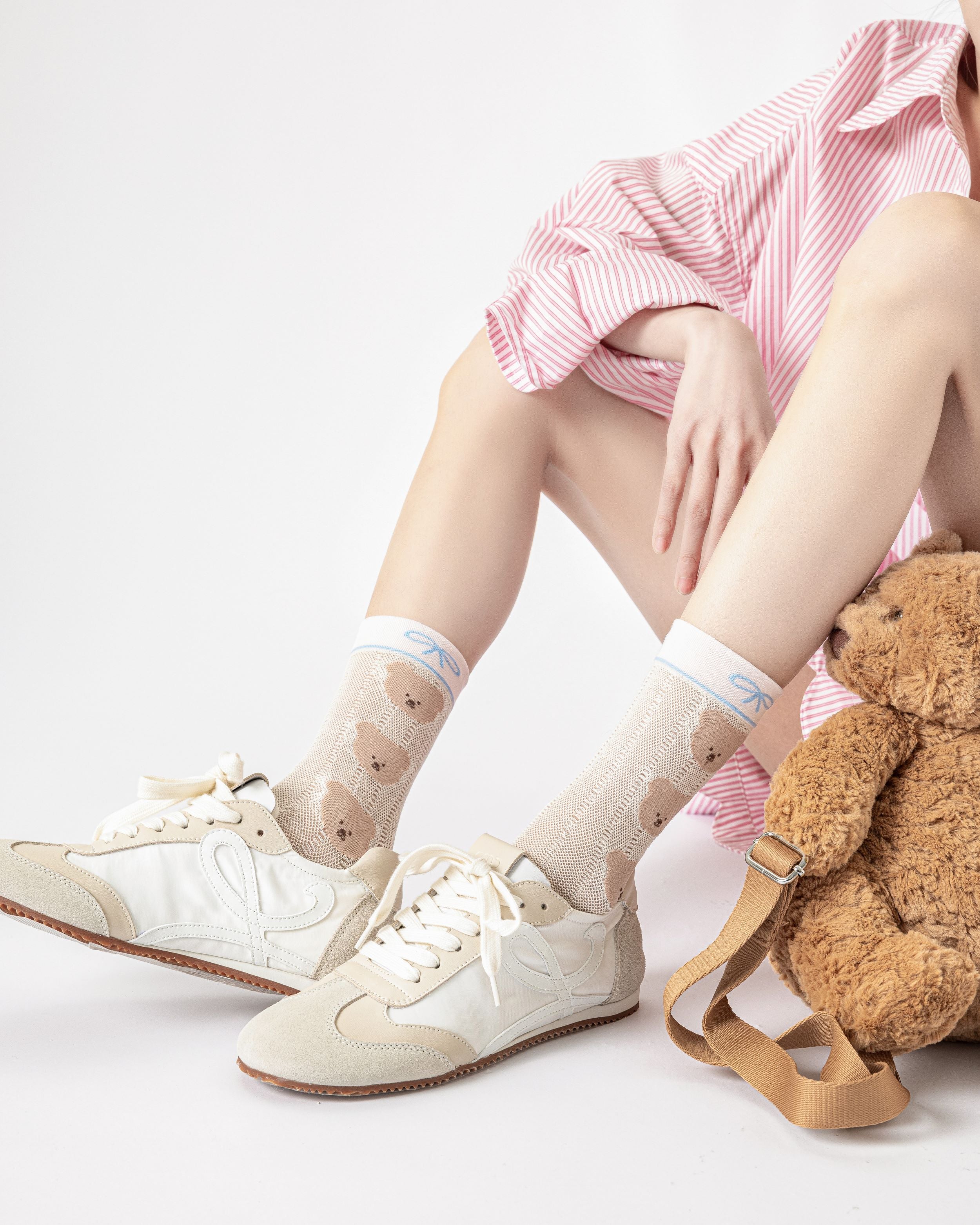 Gift Box Set Womens Crew Socks Row Bear Mesh Bow Pattern Cute Socks