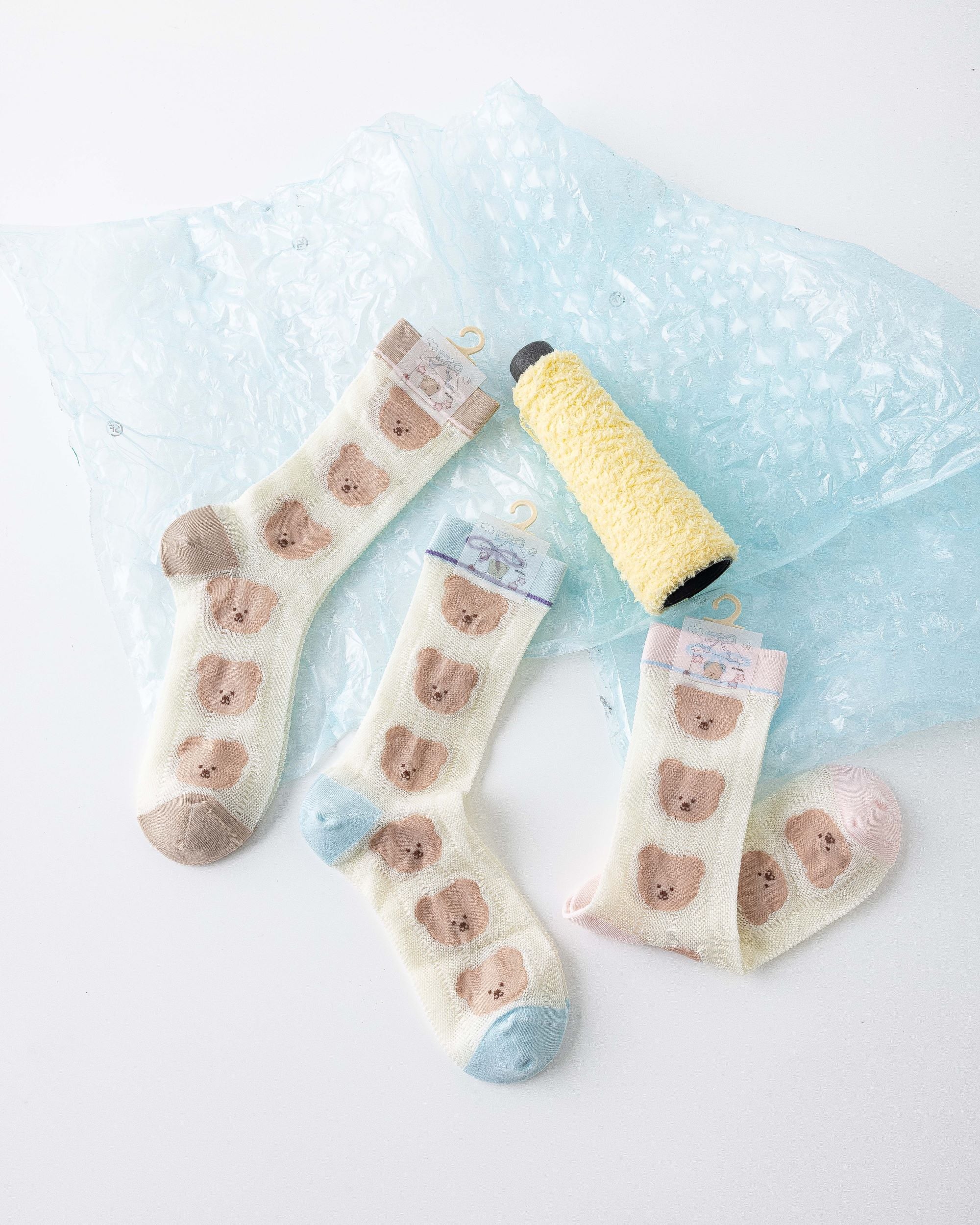 Gift Box Set Womens Crew Socks Row Bear Mesh Bow Pattern Cute Socks