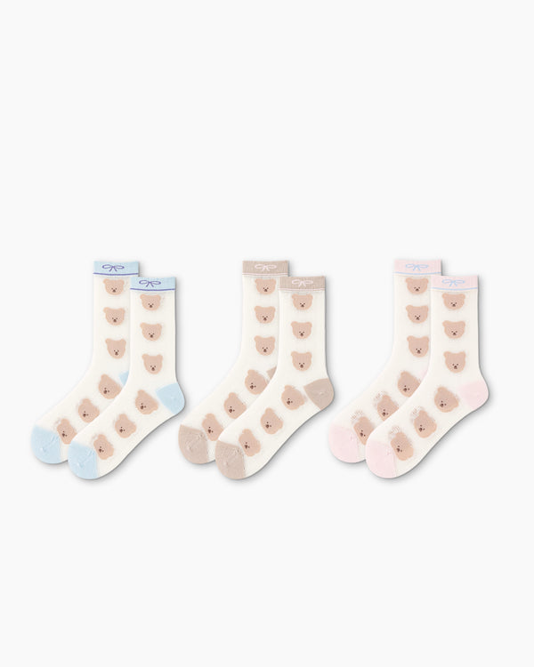 Sweet Bear Gift Box Set Womens Crew Socks Row Bear Mesh Bow Pattern Sheer Socks - SWEET NANA