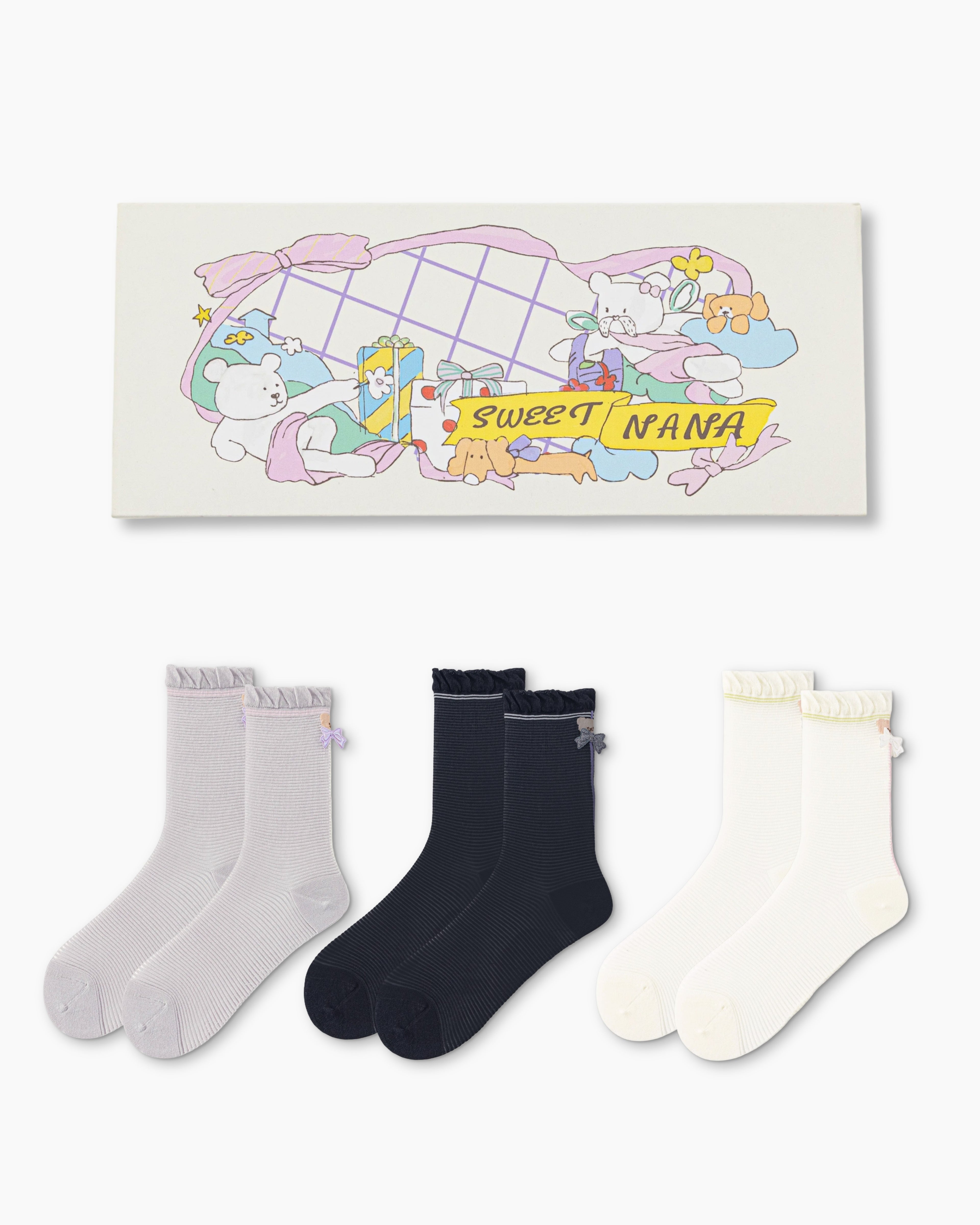 Sweet Bear Gift Box Set Womens Crew Socks Ruffle Bear Bow Pattern Sheer Socks - SWEET NANA