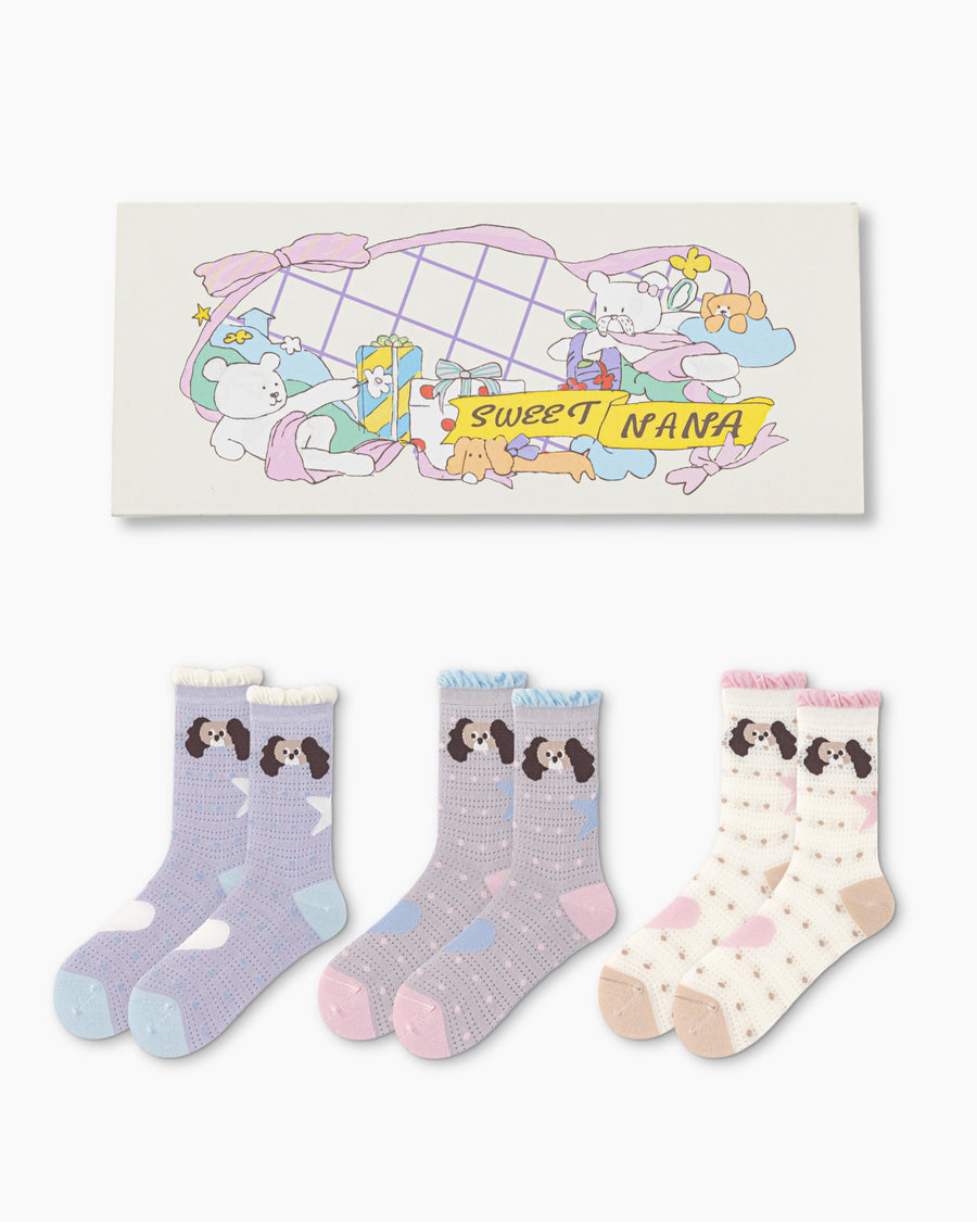 Sweet Bear Gift Box Set Womens Crew Socks Ruffle Polka Dog Mesh Cute Sheer Socks - SWEET NANA