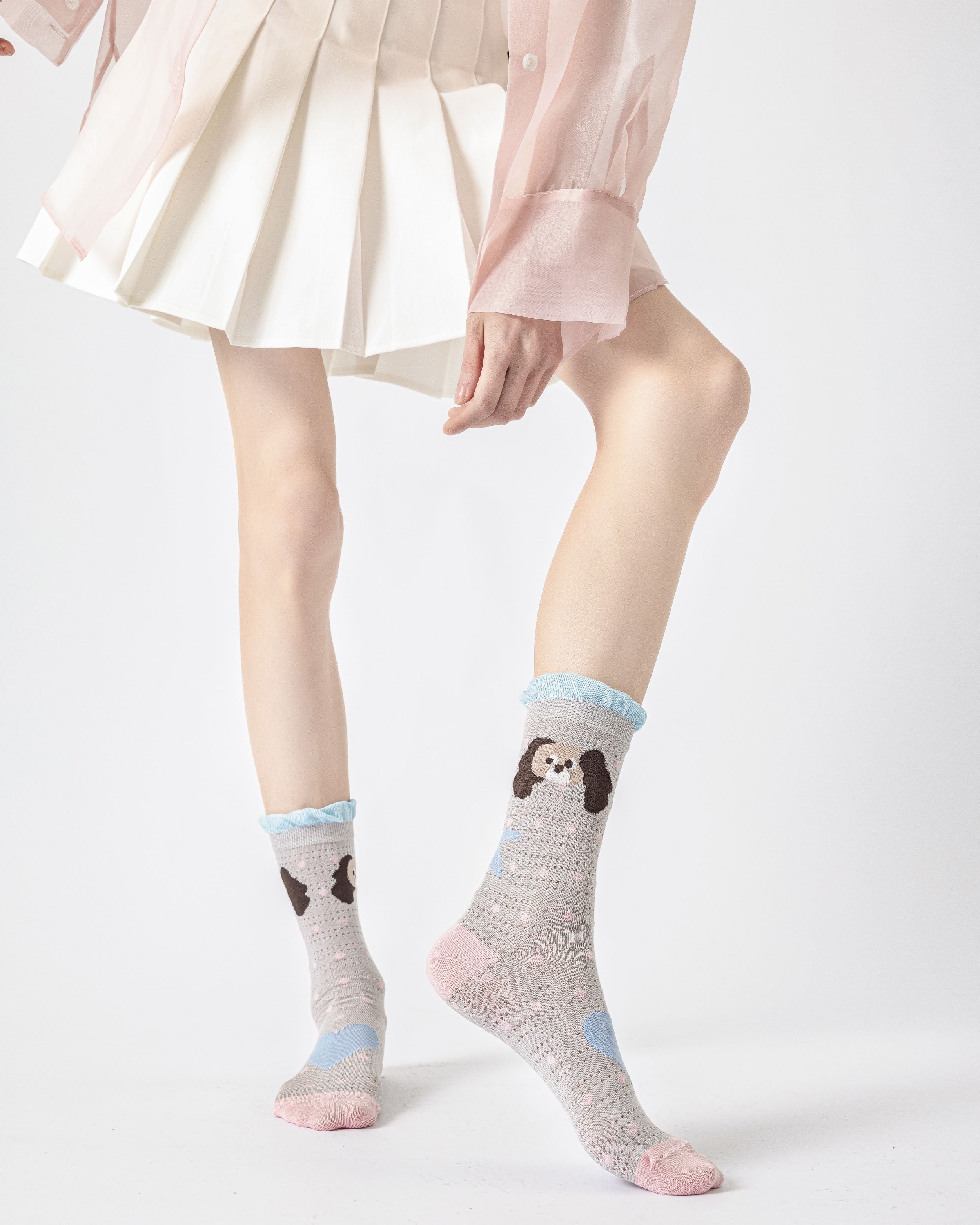 Gift Box Set Womens Crew Socks Ruffle Polka Dog Mesh Cute Breathable Socks