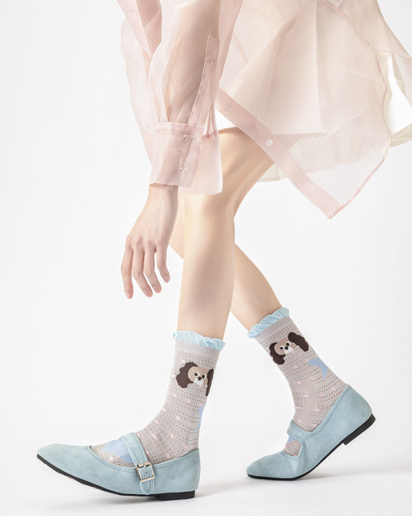 Sweet Bear Gift Box Set Womens Crew Socks Ruffle Polka Dog Mesh Cute Sheer Socks - SWEET NANA