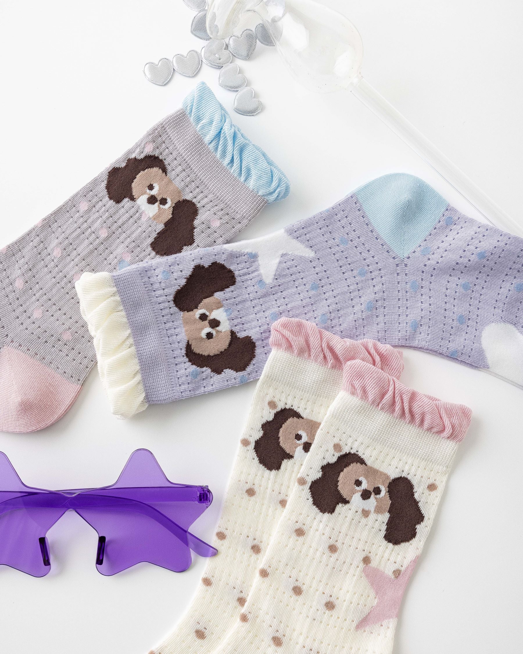 Sweet Bear Gift Box Set Womens Crew Socks Ruffle Polka Dog Mesh Cute Sheer Socks - SWEET NANA