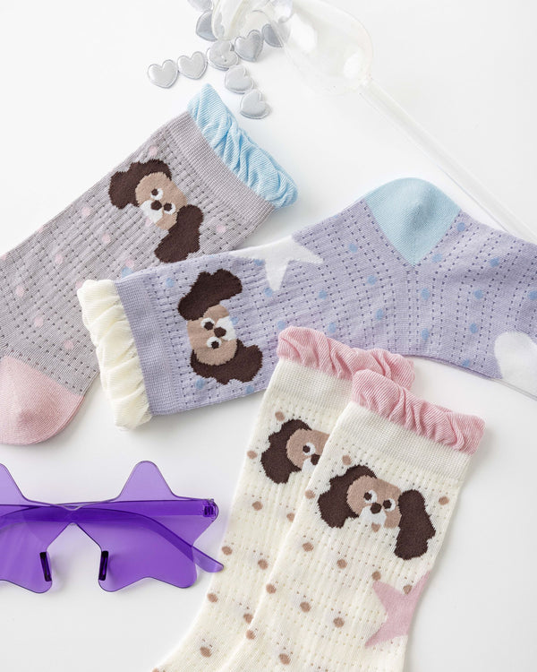 Sweet Bear Gift Box Set Womens Crew Socks Ruffle Polka Dog Mesh Cute Sheer Socks - SWEET NANA