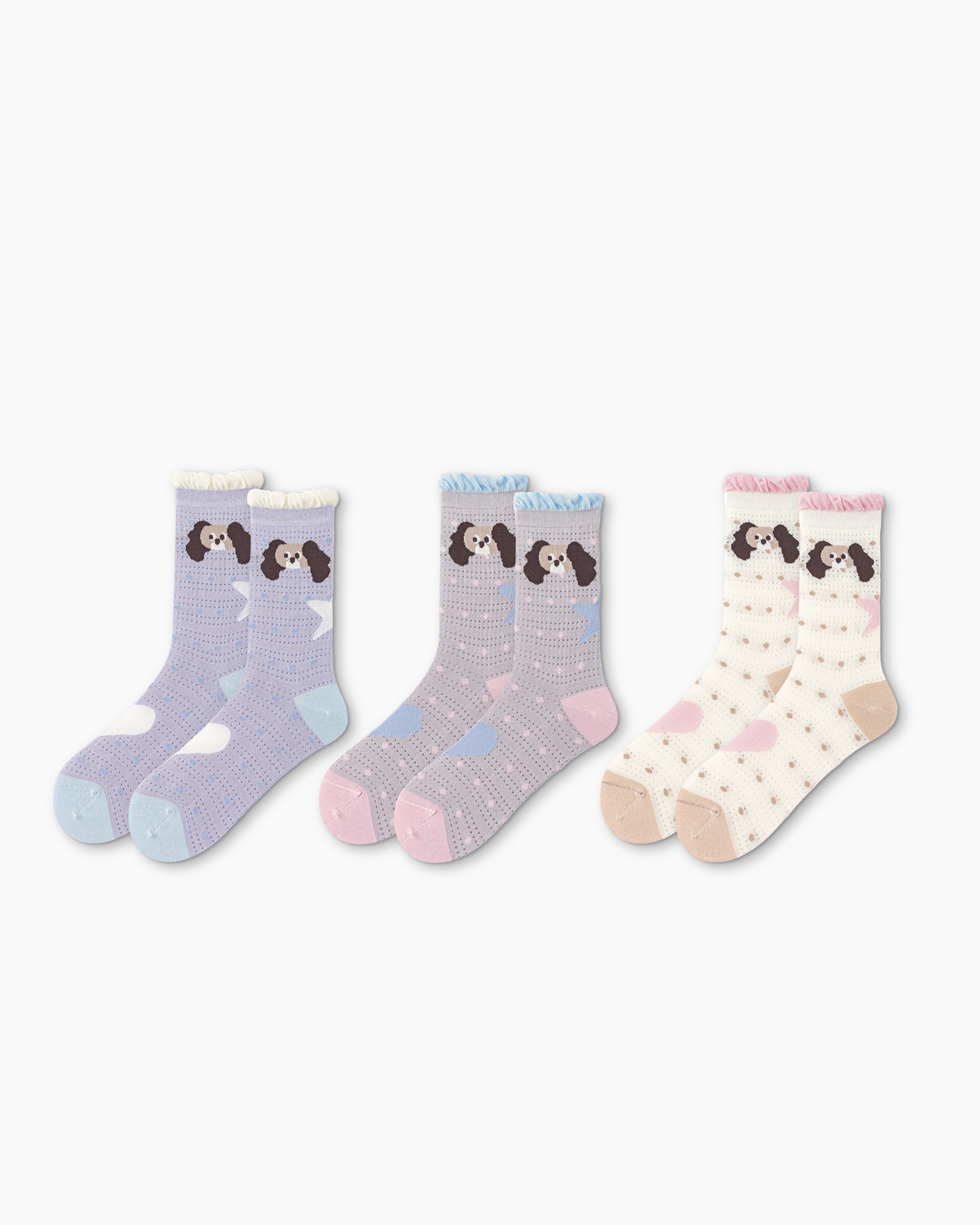 Gift Box Set Womens Crew Socks Ruffle Polka Dog Mesh Cute Breathable Socks