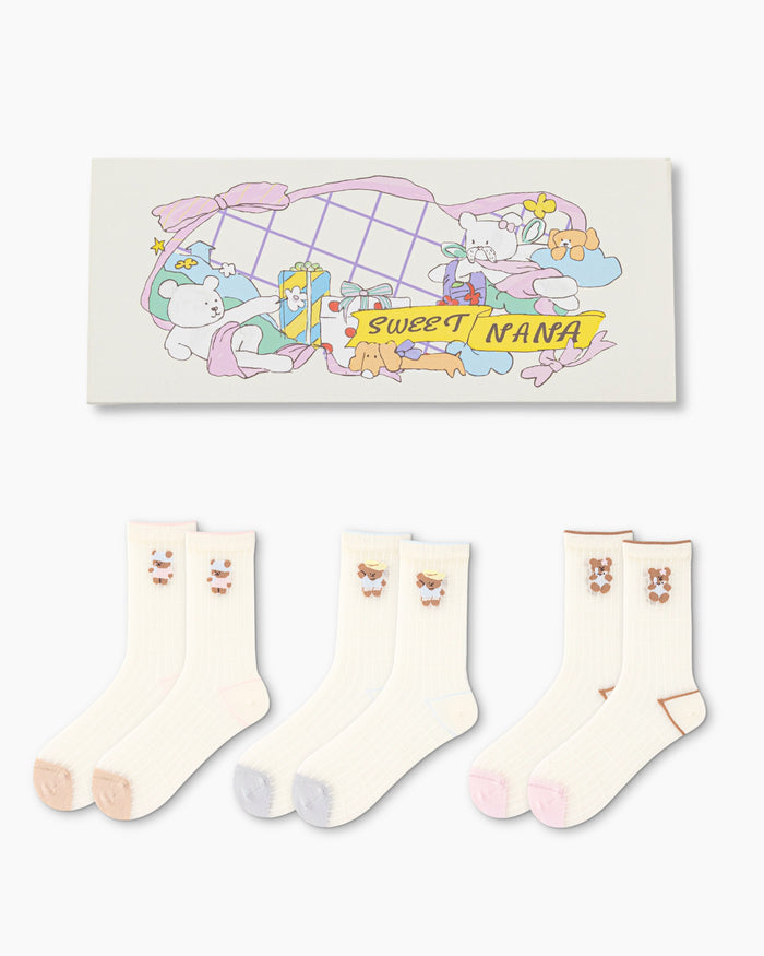 Sweet Bear Gift Box Set Womens Crew Socks Summer Bear Pattern Sheer Socks