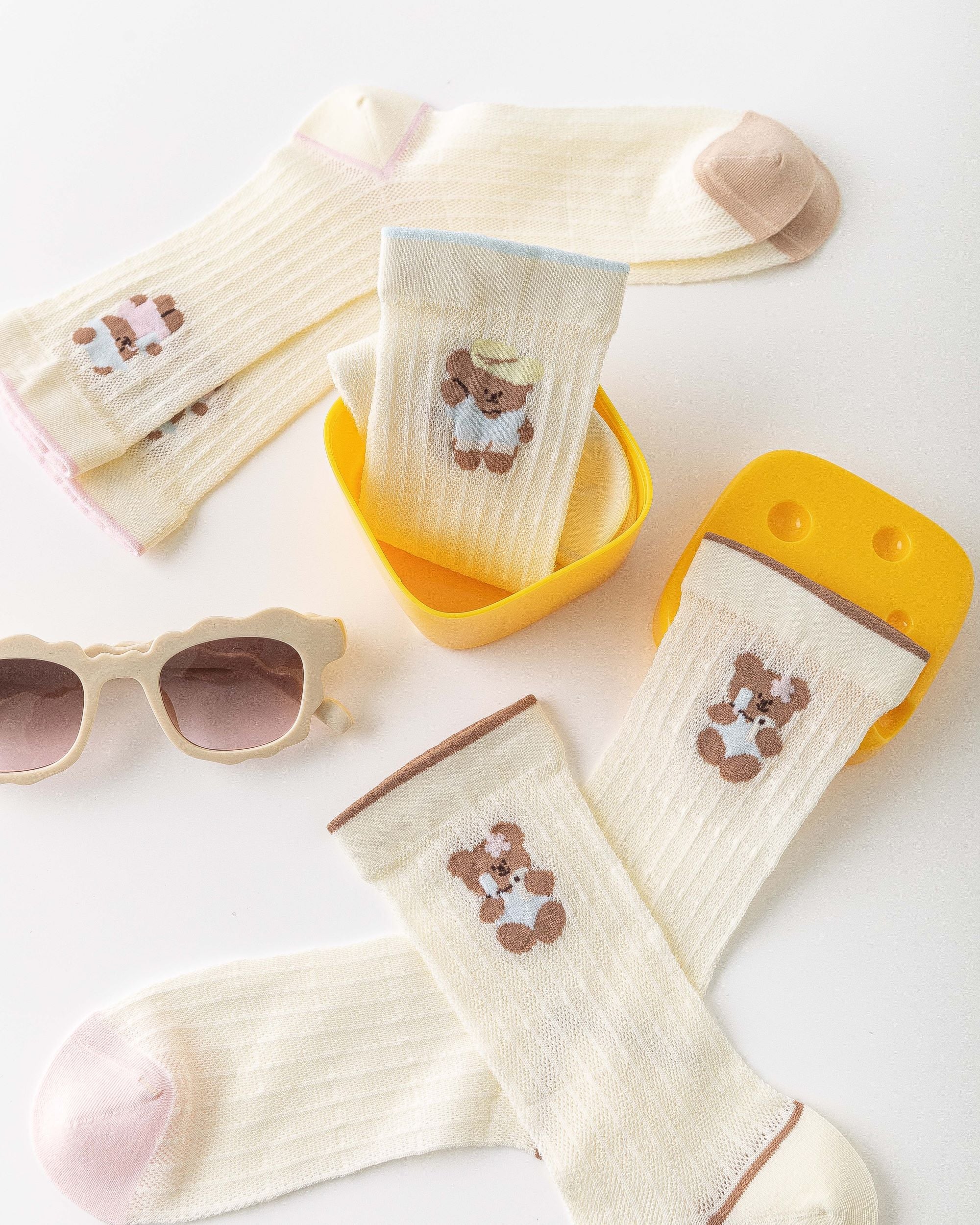 Gift Box Set Womens Crew Socks Summer Bear Pattern Lightweight Casual Socks